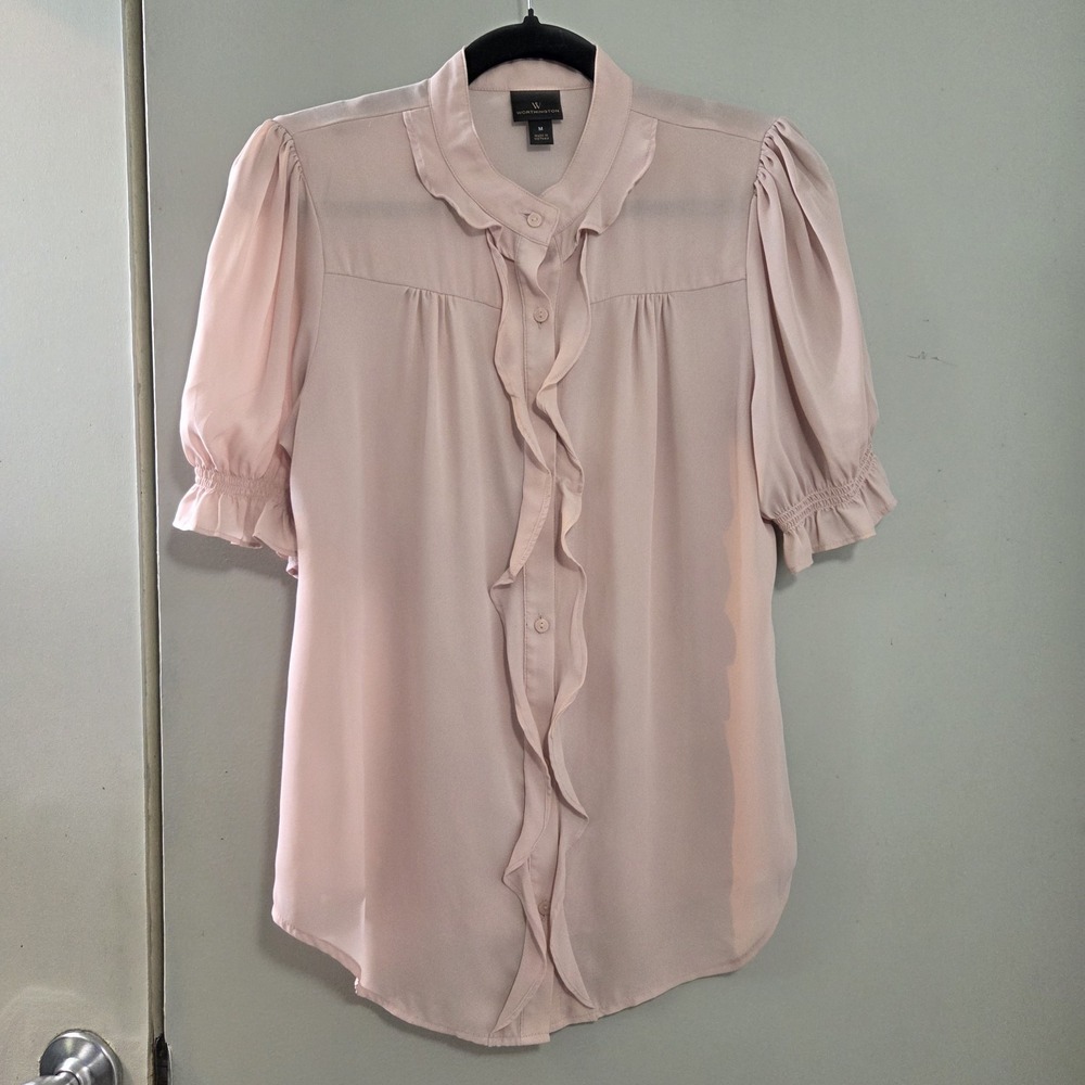 M Blouse Pink Chiffon Romantic Coquette Dressy Office Pastel Ruffle Puff Sleeve